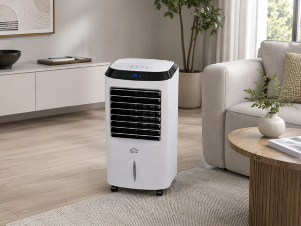 Rafraîchisseur d'air DCG Veri40 en situation dans un salon moderne lumineux