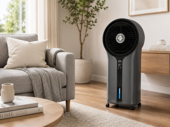 Rafraîchisseur d air DCG Veri75 110W 5,5L en situation dans un salon moderne avec canapé et parquet