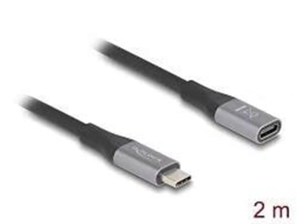 Gros plan sur la fiche USB-C mâle et le port USB-C femelle du câble d'extension USB-C coloris noir/gris DeLock