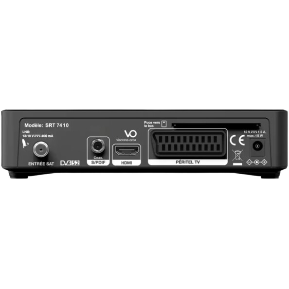 Arrière du récepteur satellite TNT SAT avec port SAT IN, HDMI, Péritel TV / SCART CVBS, S/PDIF coaxial, USB 2.0 et alimentation 12 V