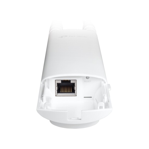 Vue de l'intérieur du boîtier coloris blanc de l'amplificateur wifi avec port RJ45 et bouton Reset