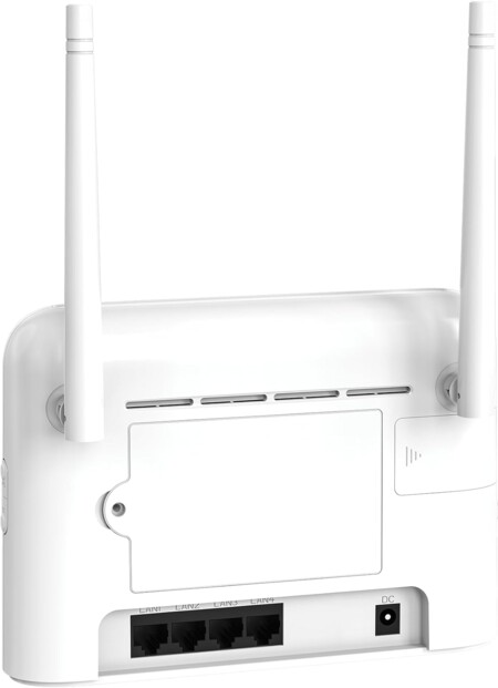 Vue arrière de biais côté droit du point d'accès wifi avec 4 ports Ethernet RJ45, 1 prise d'alimentation DC, 1 compartiment pour carte SIM/Nano-SIM, fentes de ventilation et 2 antennes externes amovibles