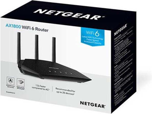 Routeur Nighthawk RAX10 avec chargeur secteur, câble Ethernet et guide de démarrage rapide dans son emballage cartonné