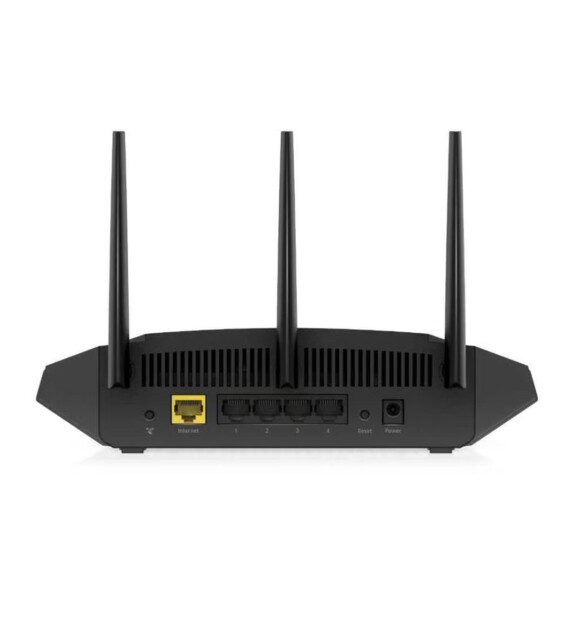 Vue arrière du routeur coloris noir avec quatres ports Gigabit Ethernet et 3 antennes