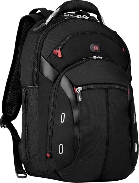 Vue de biais côté gauche du sac à dos suisse Wenger Gigabyte coloris noir avec multiples poches et compartiments