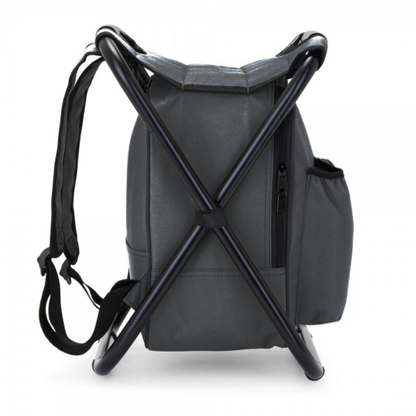 Côté droit de la chaise sac à dos Livoo avec armature en métal noir, bretelles réglables, poche avec fermeture à glissière et tissu en nylon oxford 600D gris