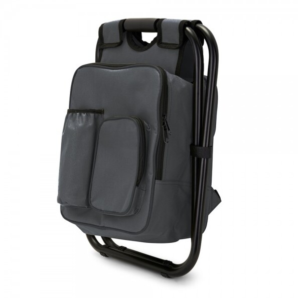 Tabouret de camping replié contre le sac à dos transformable SEP140 avec pochette élastique pour gourde et poche avec fermeture éclair à l'avant