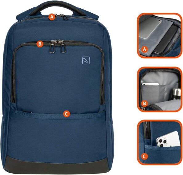 Face avant du sac à dos pour PC portable et MacBook Tucano numéroté de 3 chiffres représentant le compartiment pour PC et tablette, la poche interne pour téléphone portable et accessoires et une seconde poche extérieure également pour smartphone