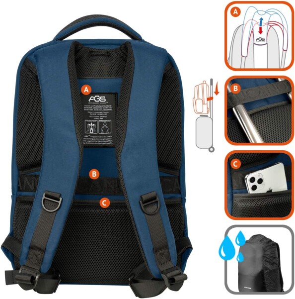 Arrière du sac à dos Luna Gravity Tucano bleu avec bretelles et dos rembourrés numérotés en 3 parties avec sangle pour poignée de valise, poche de sécurité, système de correction posturale et housse anti-pluie