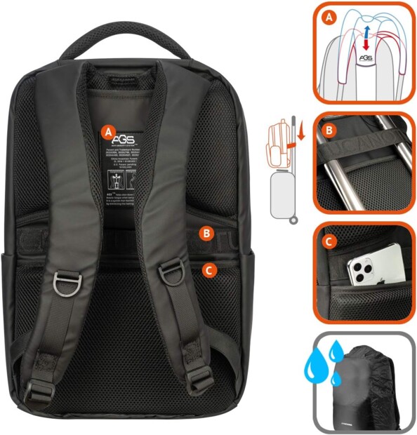 Arrière du sac à dos Luna Gravity Tucano noir avec bretelles et dos rembourrés numérotés en 3 parties avec sangle pour poignée de valise, poche de sécurité, système de correction posturale et housse anti-pluie