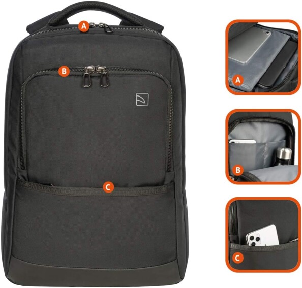 Face avant du sac à dos pour PC portable et MacBook Tucano numéroté de 3 chiffres représentant le compartiment pour PC et tablette, la poche interne pour téléphone portable et accessoires et une seconde poche extérieure également pour smartphone