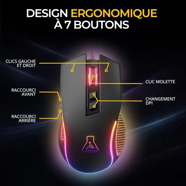 Souris gaming filaire Kult Thorium 12 800 DPI avec rétroéclairage et 7 boutons