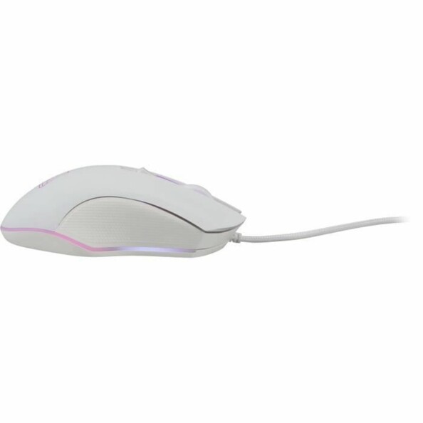 Côté droit de la souris gamer blanche Kult Helium avec lumière rose et câble d'alimentation USB intégré