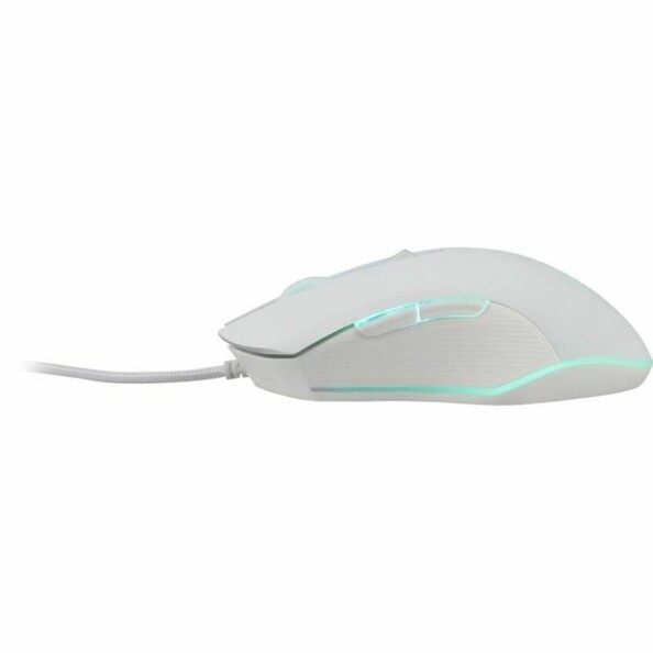 Côté gauche de la souris USB coloris blanc avec rétroéclairage bleu cyan et boutons de commande latéraux