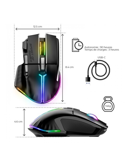 Dimensions, autonomie, poids et câble affichés autour de la souris gaming sans fil SOG