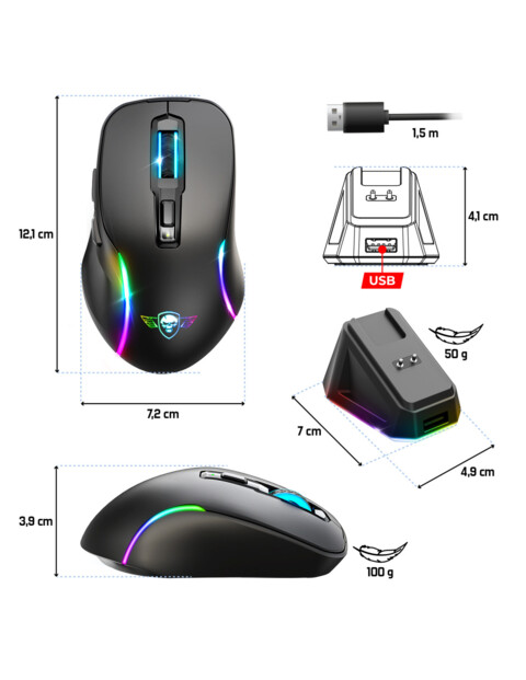 Souris sans fil avec dimensions 12,1 x 7,2 x 3,9 cm, dock de chargement 7 x 4,9 x 4,1 cm et longueur du câble USB 1,5 m