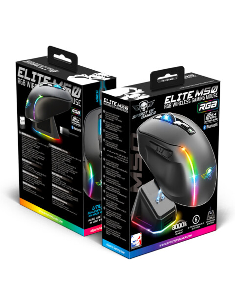 Souris gamer Elite M50 Dark avec dock de chargement, câble USB-C vers USB-C, nano récepteur USB et mode d’emploi en français