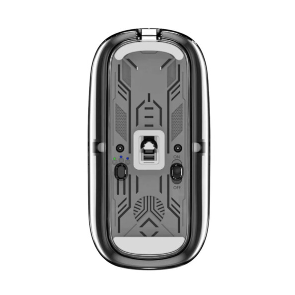 Vue du dessous de la souris sans fil bluetooth/RF avec commutateur multi-appareils et interrupteur marche/arrêt