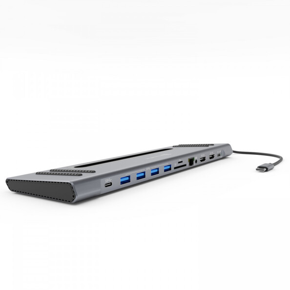 Hub USB-C multiports gris avec quatre USB-A bleus, RJ45, HDMI et fente de ventilation