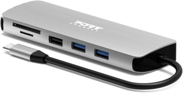 Face avant de biais côté gauche du hub multiports avec câble USB-C, lecteur de carte SD/MicroSD et 3 ports USB-A