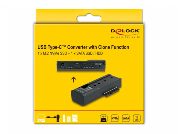 Convertisseur USB-C avec fonction de clonage pour 1 x M.2 NVMe SSD + 1 x SATA SSD / HDD dans son emballage jaune cartonné