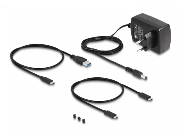 Chargeur secteur, câble USB-C vers USB-C, câble USB-C vers USB-A et 3 embouts de protection