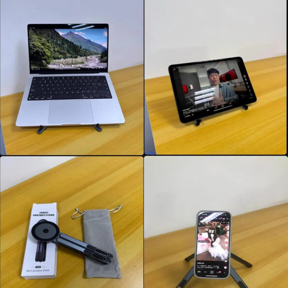 4 photos illustrant une utilisation du support avec PC, tablette et smartphone et aperçu de l'emballage avec étui de rangement de l'appareil