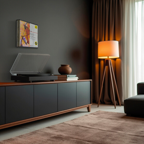 Mise en situation du support de vinyles fixé sur un mur noir dans un salon rétro moderne au dessus d'un meuble bas avec platine vinyle ouverte