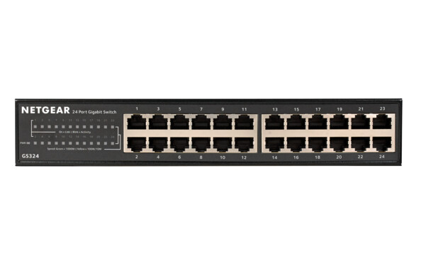 Face avant du hub réseau non administrable 24 ports Gigabit Ethernet 1 Gb/s avec voyants LED de connexion/activité, débit et d'alimentation