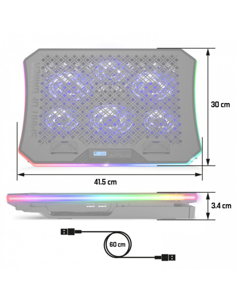 Dimensions de largeur, longueur et hauteur du support dissipateur thermique pour PC 41,5 x 30 x 3,4 cm annotées avec longueur du câble USB 60 cm