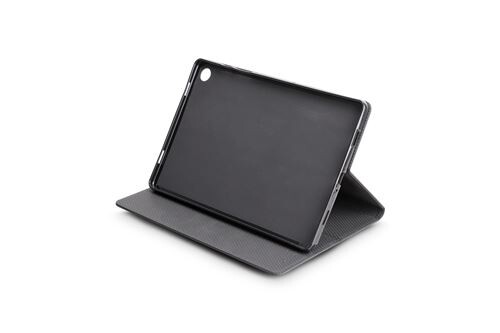 Coque à rabat mi-souple mi-rigide coloris noir transformée en support pour tablette incliné