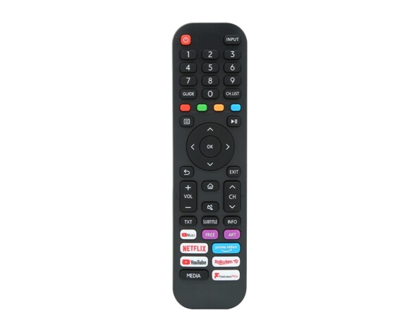 Télécommande noire pré-programmée pour TV HISENSE avec pavé numérique, croix directionnelle et raccourcis Netflix, Prime Video, YouTube et Rakuten TV