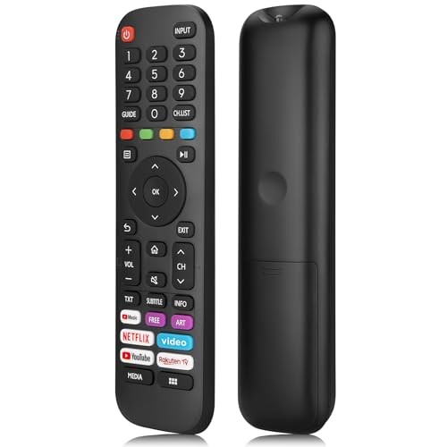 Télécommande noire pour TV HISENSE sous deux angles, avec pavé numérique, touche directionnelle OK et raccourcis streaming