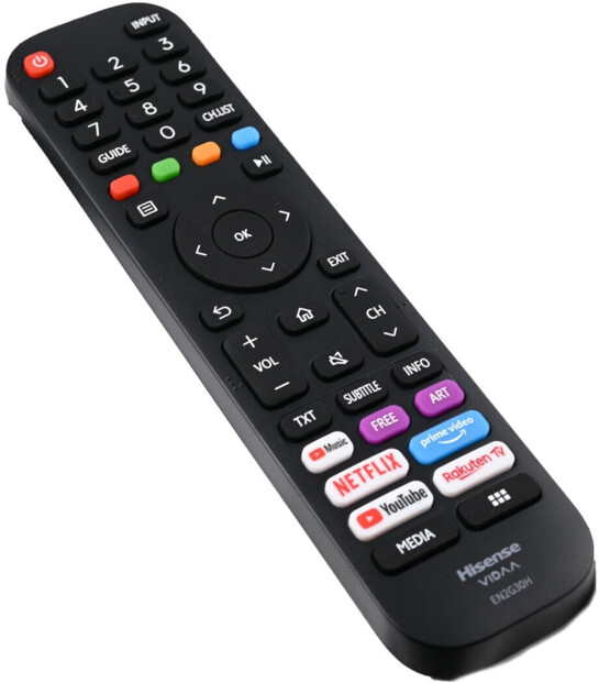 Télécommande noire Hisense VIDAA EN2G30H avec clavier numérique, croix directionnelle OK et touches Netflix, YouTube, Prime Video et Rakuten TV