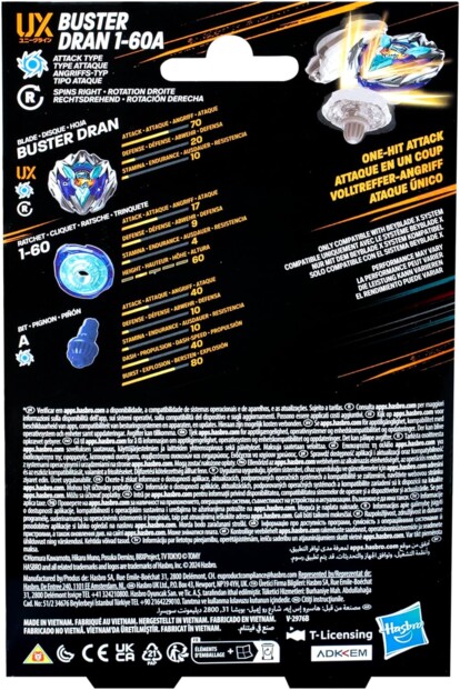 Face arrière de l’emballage cartonné de la toupie Beyblade X Buster Dran 1-60A avec spécifications techniques