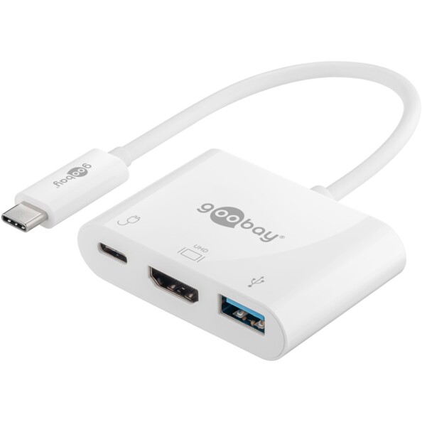 Adaptateur Goobay multiports blanc avec son câble intégré sur fond blanc