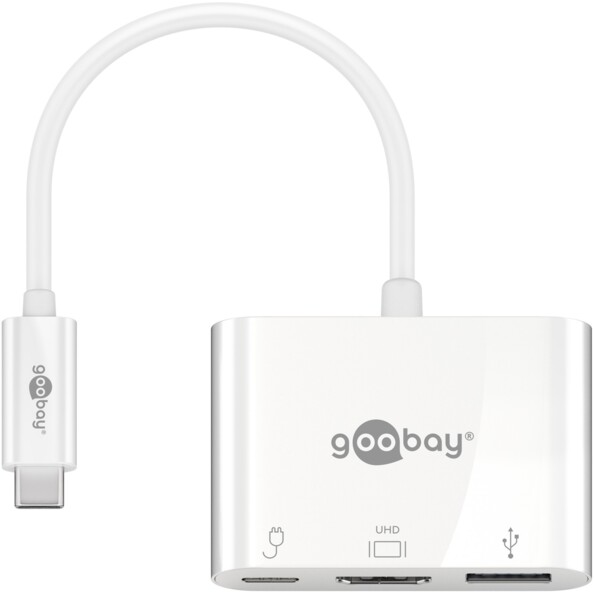 Dock USB-C blanc à quatre interfaces vu en léger angle sur fond blanc