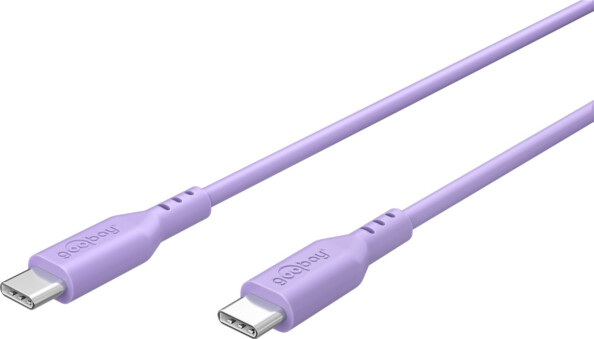 Câble USB-C vers USB-C Goobay en silicone lilas avec connecteurs argentés à fentes de flexion