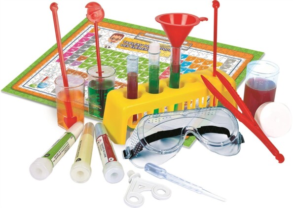 Contenu du coffret de chimie avec éprouvettes et tableau périodique
