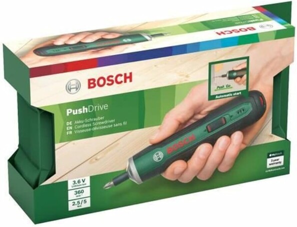 Visseuse Bosch PushDrive 3,6 V Push and Go avec 32 embouts et chargeur USB
