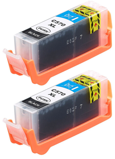 Pack de 2 consommables iColor 2 cartouches couleur noir compatibles avec les imprimantes Canon Pixma, hors de leur emballage, vue de biais