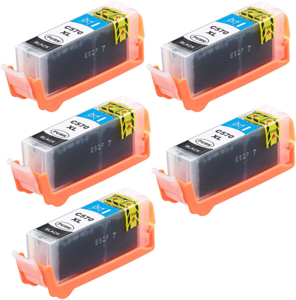 Pack de 5 consommables iColor couleur noir compatibles avec les imprimantes jet d'encre Canon Pixma, hors de leur emballage, vue de biais