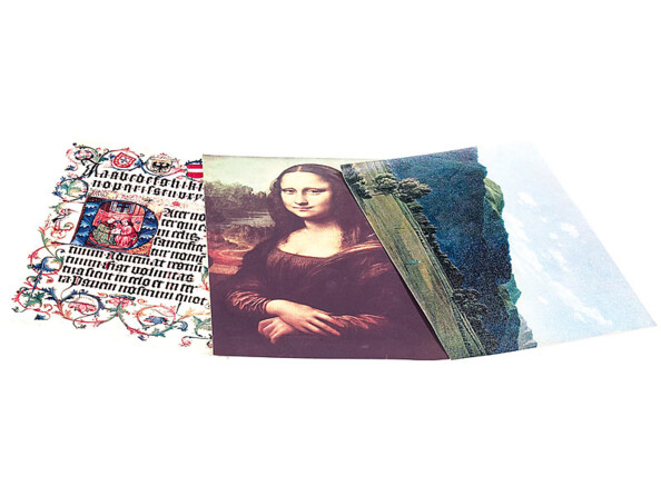 3 feuilles transparentes avec divers motifs imprimés : page de livre gothique, Joconde et paysage