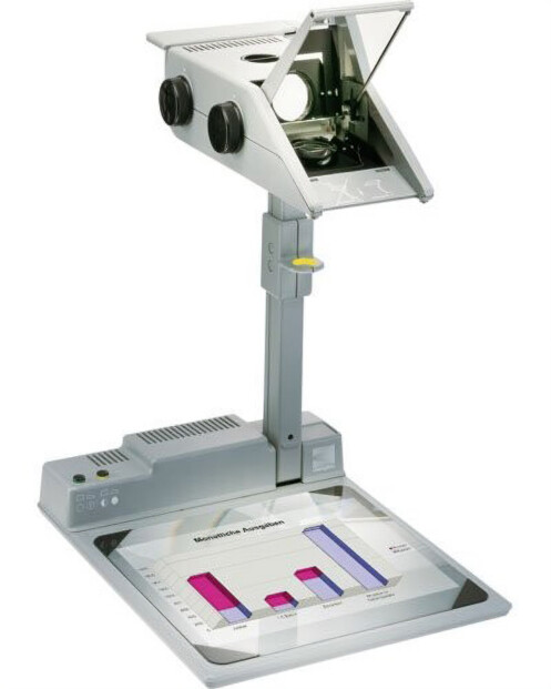 Mise en situation d'un transparent imprimé en couleurs installé dans un rétroprojecteur allumé pour exposé