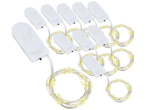Pack de 10 guirlandes LED blanc chaud 1,2 m avec 20 piles bouton et mode d'emploi en français