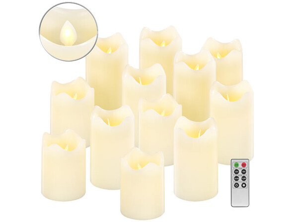 12 bougies télécommandées en cire véritable à luminosité variable / effet flamme