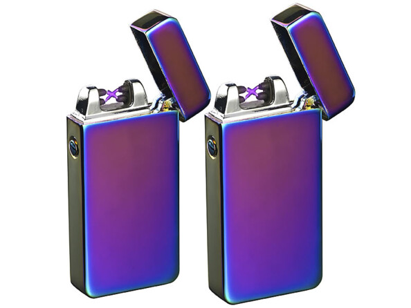 Deux briquets électroniques mauve irisé à double arc électrique.
