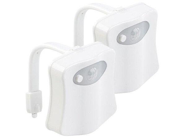 Deux lampes veilleuse pour toilettes avec détecteur de mouvement intégré.