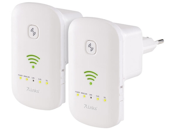 Pack de 2 répéteurs wifi avec WLR-1100.ac avec fonctions Point d'accès et Routeur, 2 câbles LAN (1 m) et mode d'emploi en français, de la marque 7Links