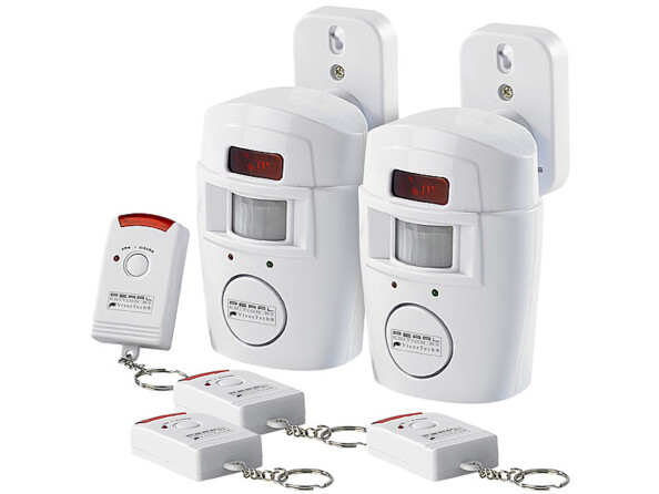 Pack de 2 systèmes d'alarme VisorTech avec 4 télécommandes (avec piles bouton), 2 supports muraux, kit de montage et mode d'emploi en français